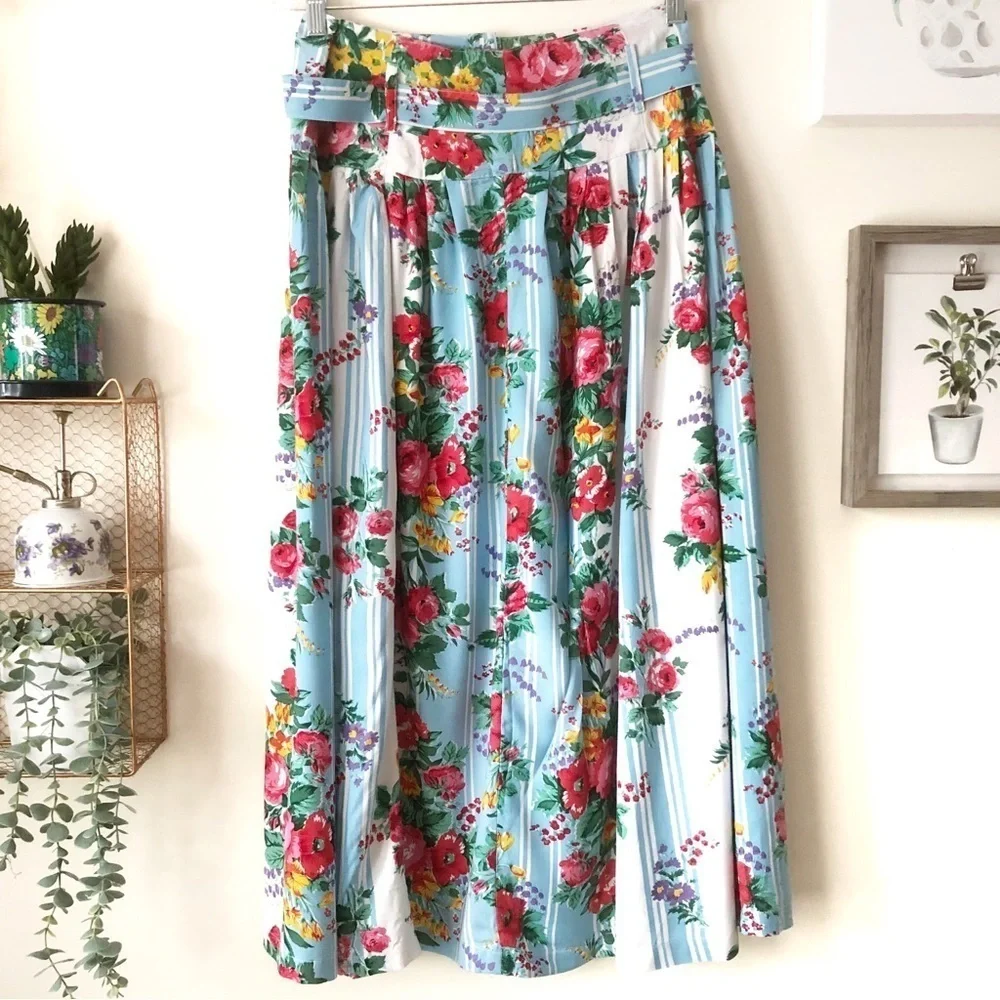 Vintage 90s Prairie Cottagecore Floral Striped Rayon Midi Skirt Belted Size 10
